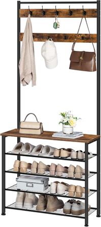 Вішалка для одягу HOOBRO, Вішалка для взуття з шафою, Вішалка для одягу з місцем для зберігання взуття, Шафа для взуття з 5 полицями, для передпокою, Темно-коричневий EBF80MT01G2 80 x 32 x 190 см (Д x Ш x В) Вінтажний коричневий чорний