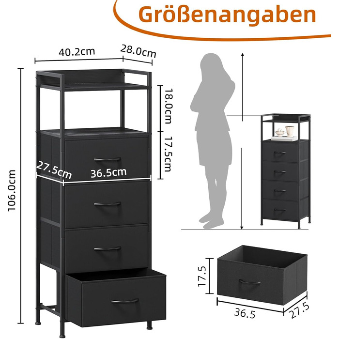 Комод Somdot, високий комод для спальні, вітальні, коридору, шафа для зберігання, тканинний комод з ручками, 4 тканинні шухляди, чорний, 28 Г x 40,2 Ш x 106 В см (4 шухляди)