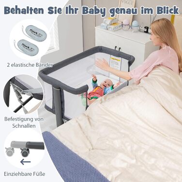 Ліжечко DREAMADE 2-в-1 Side-by-Side, дорожнє ліжечко з регульованою висотою на 5 рівнях з матрацом та колесами, колиска 86 x 63 см для дітей від народження до 9 кг, дитяче ліжечко з кутом нахилу 10 (модель 2 - темно-сірий)