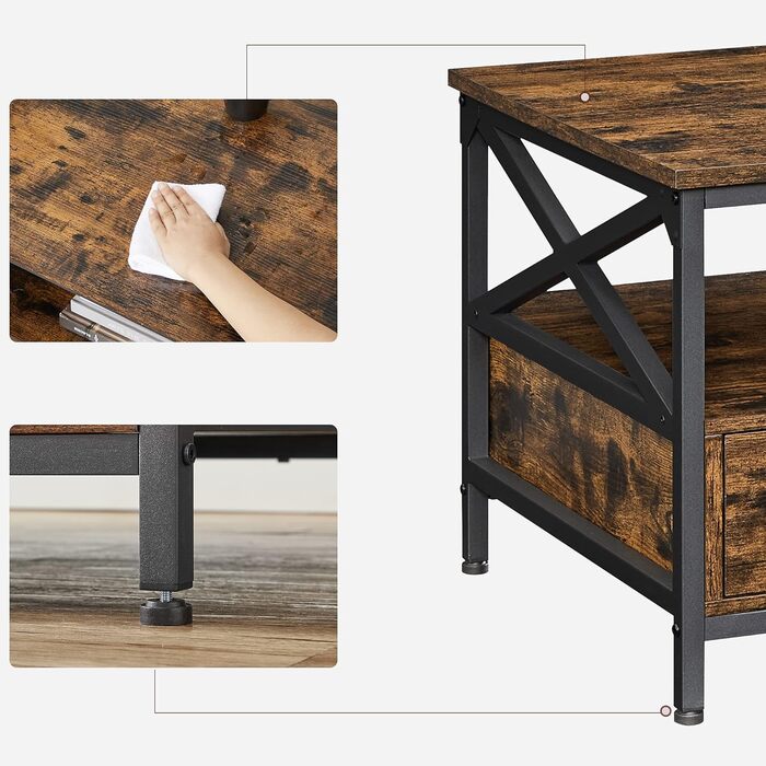 Журнальний столик VASAGLE, стіл для вітальні, диван-столик, для вітальні, з шухлядами, X-подібні стійки, відкритий відсік, промисловий дизайн, вінтажний коричнево-чорний LCT201B01 Рустикальний коричневий чорний