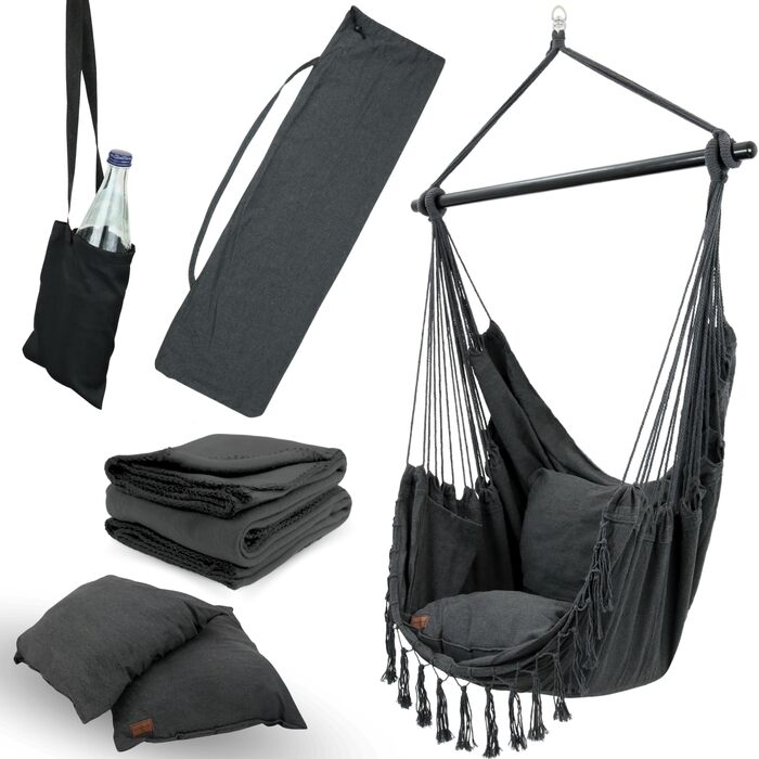 Підвісне крісло з 2 подушками, антрацит м&39яка ковдра У комплекті тримач для напоїв та відділення для книг Підвісна гойдалка, вантажопідйомність до 120 кг Підвісне крісло для приміщень та вулиці, стельова гойдалка