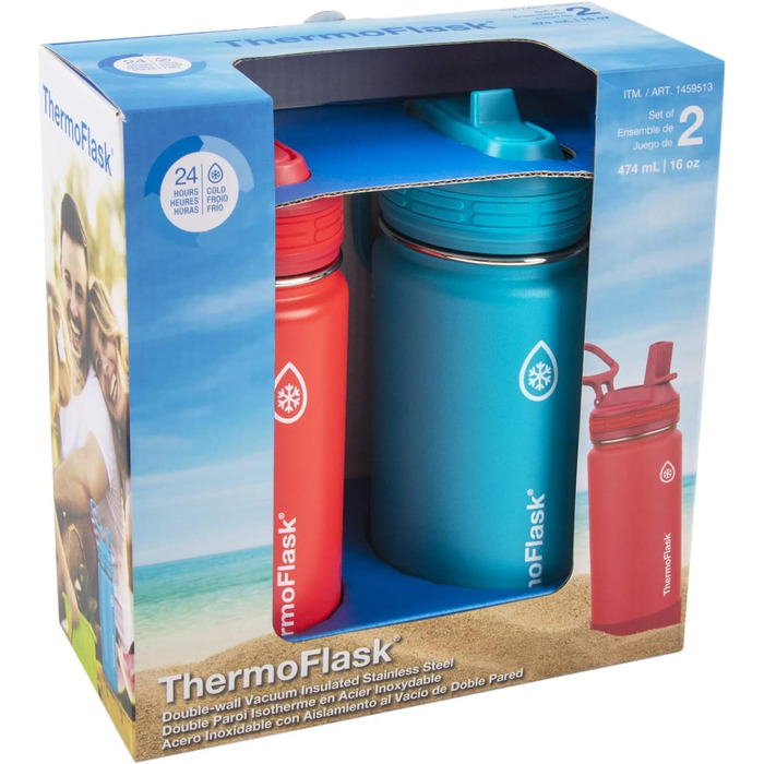 Термопляшки для води ThermoFlask з подвійними стінками з вакуумною ізоляцією з нержавіючої сталі, 473 мл, червоні/сині, 2 шт. 16 у