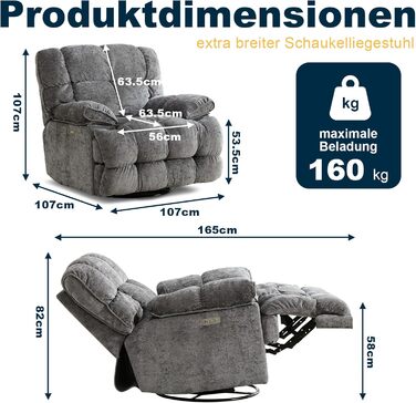 Крісло-гойдалка з функцією відкидання та гойдання, надзвичайно велике електричне крісло для телевізора, надзвичайно широке поворотне крісло-гойдалка, електрично регульований кут нахилу 90-140, порти USB та Type-C, сірий