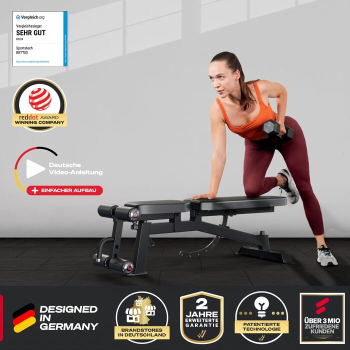 Силова лава Sportstech BRT700 для домашнього використання, похила та плоска лава 21-в-1 з жимовою лавою, вантажопідйомність 360 кг, тренажер для спини, жим лежачи, силові тренування, все тіло, домашній тренажерний зал, багатофункціональна лава BRT700 чорн