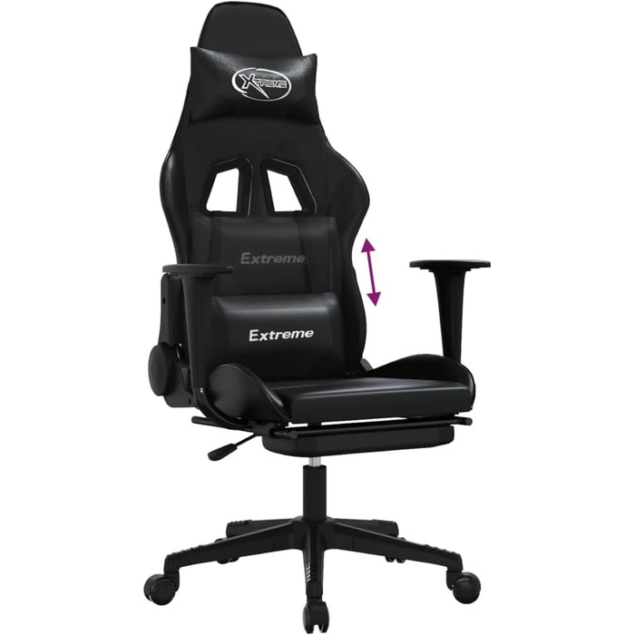 Геймерське крісло з підставкою для ніг, чорна штучна шкіра, регульована спинка та висота, поворот на 360 градусів, міцний металевий каркас, ергономічне положення сидіння, довговічне