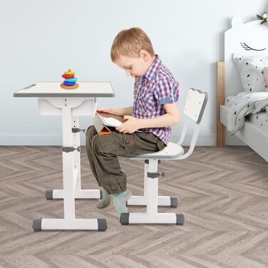 Дитячий письмовий набір, дитячий стіл з регульованою висотою (стіл 64-76 см, стілець 36-42 см), стіл з гачками, шухлядою та лотком для ручок для дітей віком 3-18 років, навчання письму та малюванню (кремово-білий)