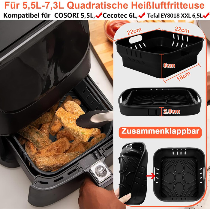 Силіконова форма 22 см для фритюрниці, аксесуари для фритюрниці 2 шт. Силіконова форма для випічки XXL для COSORI 5.5 л, Cecotec 6 л, Tefal EY8018 6.5 л багаторазова замість паперу для випічки аксесуари для фритюрниці чорний