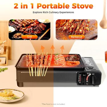 Портативна газова плита-гриль 2-в-1, портативна газова плита на бутані з набором аксесуарів для гриля, газова плита-гриль для кемпінгу, використання на вулиці та в приміщенні, чорна