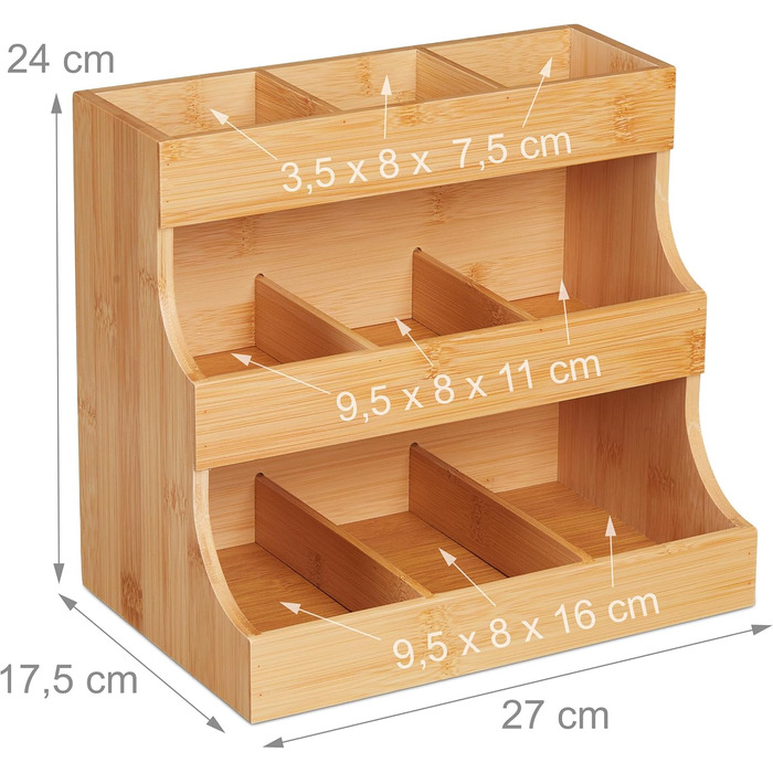 Органайзер для чаю Relaxdays, 9 відділень, виготовлений з бамбука, HBT 24 x 27 x 17,5 см, для чаю та кави в капсулах, вертикальна підставка для чаю, білий/натуральний