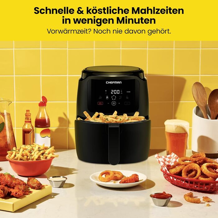 Цифрова фритюрниця Chefman, сімейний розмір 4.75 літра, керування одним дотиком, картопля фрі, курка, м'ясо, риба, антипригарний, можна мити в посудомийній машині, автоматичне вимкнення, чорний Великобританія