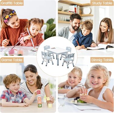 Дитячий стіл з 4 стільцями, дитячий комплект столиків з регульованою висотою для хлопчиків та дівчаток віком від 2 років, дитячий комплект сидіння з письмовим столом у стилі графіті та нековзними ніжками, пластикові дитячі меблі для дитячих кімнат - D Eu-