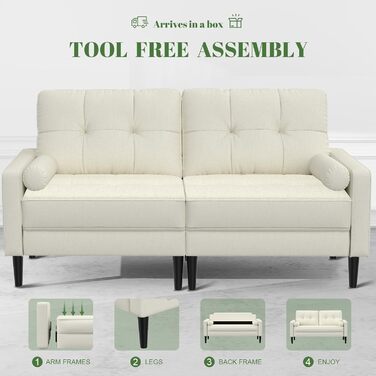 Місний диван, невелика кушетка з 2 подушками та підлокітниками, лляний диван у стилі середини століття для вітальні, спальні, бежевий кремовий колір, 2-