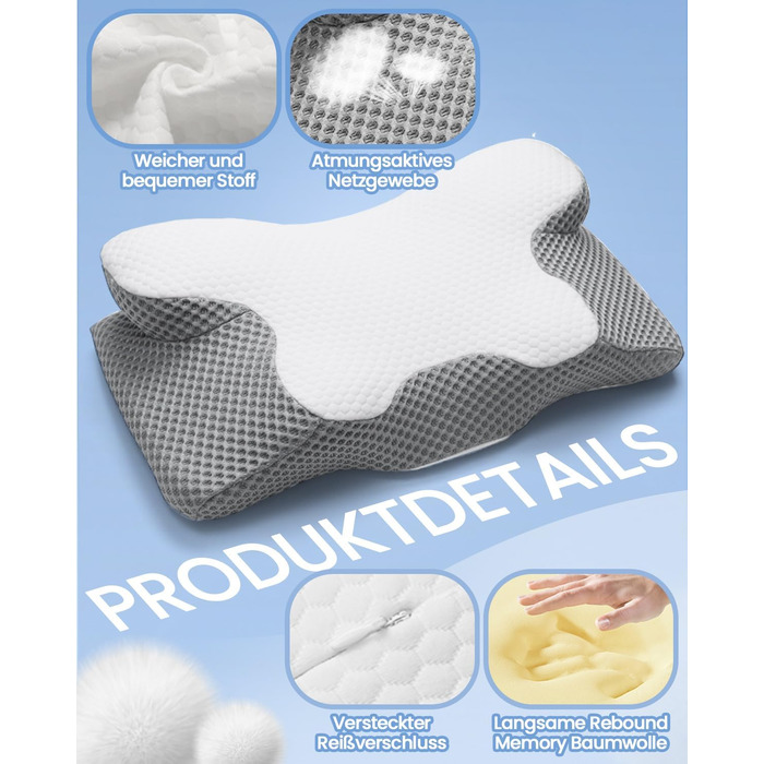 Подушка для шиї, подушка з піни з ефектом пам&39яті, ергономічна ортопедична подушка, 2 висоти для сну, зручна подушка для сну на боці, спині та животі, сіра