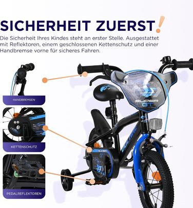 Дитячий велосипед Volare Super GT Blau 12 35 років 2 ручних гальма, знімні бічні колеса, захист ланцюга та світловідбивачі Регульоване сідло Подарунок для дівчаток та хлопчиків