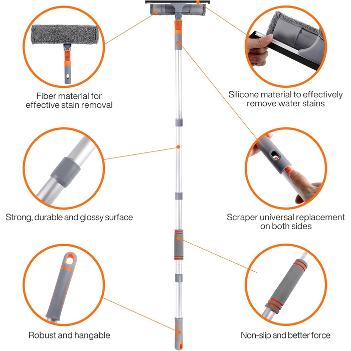 Професійний очищувач склоочисників GUHAOOL, Душовий склоочисник 2-в-1 з подовжувачем 58-162 см, Телескопічний мийник вікон з поворотною головкою, Інструменти для миття скла для внутрішніх високих вікон