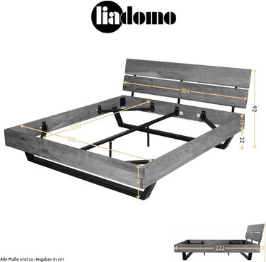Каркас ліжка Болонья, спальне місце 180x200 см, каркас та узголів&39я з масиву акації в кольорах дерева, регульована глибина матраца, чорна металева основа 180 x 200