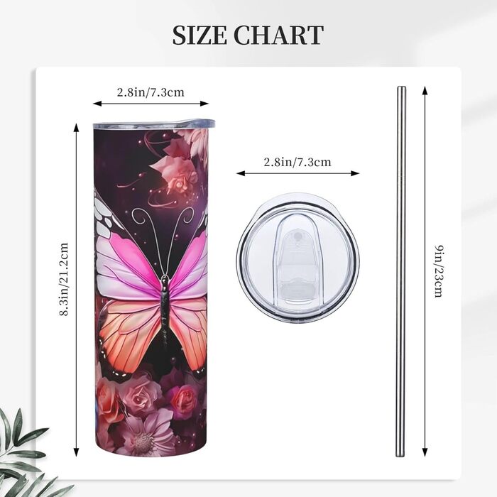 Кухоль з прямою трубочкою, принтом з метеликами та квітами, дорожній кухоль, підходить для кемпінгу, офісу та дому, 590 мл