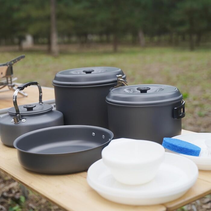 Набір посуду для кемпінгу Bulin, алюмінієві кемпінгові горщики, легкий набір для приготування їжі з складними столовими приборами та чайником, кемпінговий посуд для 1-2-4-6 осіб, ідеально підходить для кемпінгу, активного відпочинку на свіжому повітрі, пі