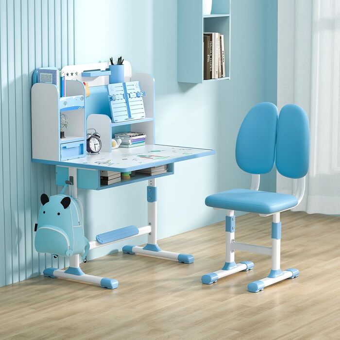 Комплект дитячого столу та стільця, комплект учнівського столу та стільця, стіл для читання з магнітною задньою панеллю, шухляди, гачки для шкільних сумок та підставка для книг, тримач для ручок, синій