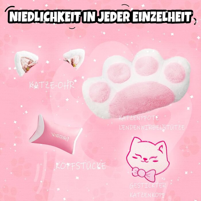 Миле ігрове крісло з поперековою подушкою у формі котячої лапи та котячими вушками, ергономічне ігрове крісло з підставкою для ніг, регульоване ігрове крісло для ПК для дівчаток, підлітків, дітей, рожеве