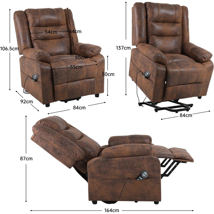 Електричне крісло-реклайнер, крісло для телевізора, масажне крісло з підйомником, підігрів, функція відкидання, флокована шкіра (коричневого кольору)