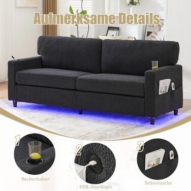 Місний кутовий диван з USB-C, диван Cloud зі світлодіодним амбієнтним підсвічуванням, підстаканниками та боковими кишенями, каркас з дерева/металу з комфортною піною для вітальні, спальні, темно-сірий USB-C, світлодіодне амбієнтне підсвічування, 2-