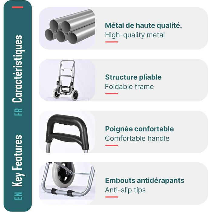 Складний візок для покупок 59л, 2-в-1 візок-сумка на 2 колесах, Знімна сумка, Кишеня на блискавці, Гачок для подолання сходинок, Сірий
