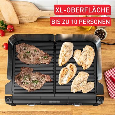 Електричний настільний гриль Tefal BBQ Family, 2 окремі зони з термостатами, антипригарні чавунно-алюмінієві пластини, підходять для посудомийки, глибокі жолобки, чорний/сріблястий, TG800N10