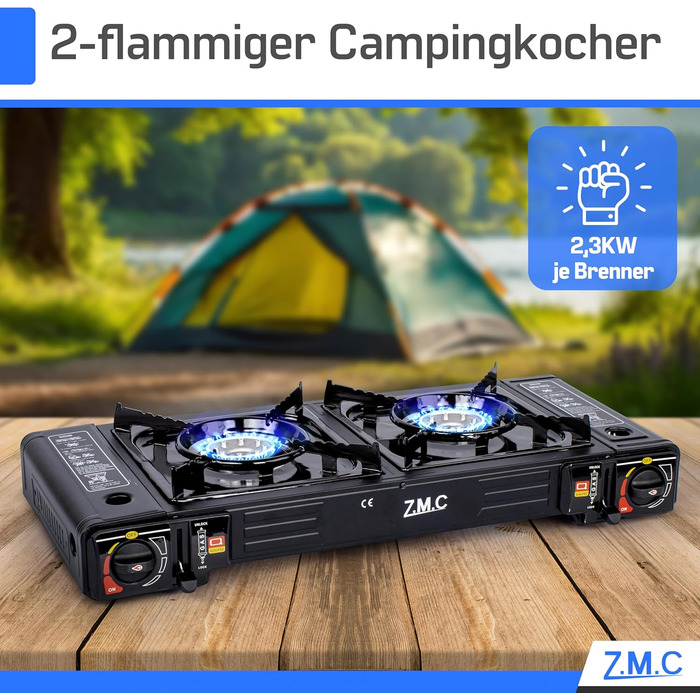 Газова плита для кемпінгу ZMC, 2 конфорки, 2,5 кВт, включаючи адаптер для підключення зрідженого газу та футляр для зберігання. Комплект кемпінгової плити з газовими картриджами та грильною пластиною (можна вибрати), з п&39єзорозпалом, для використання на