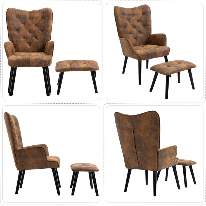 Крісло AVAWING з пуфом для ніг, крісло з відкидною спинкою, крісло під телевізор з ніжками з каучукового дерева, крісло-реклайнер, крісло для вітальні, спальні, офісу, мікрофібра, коричневий