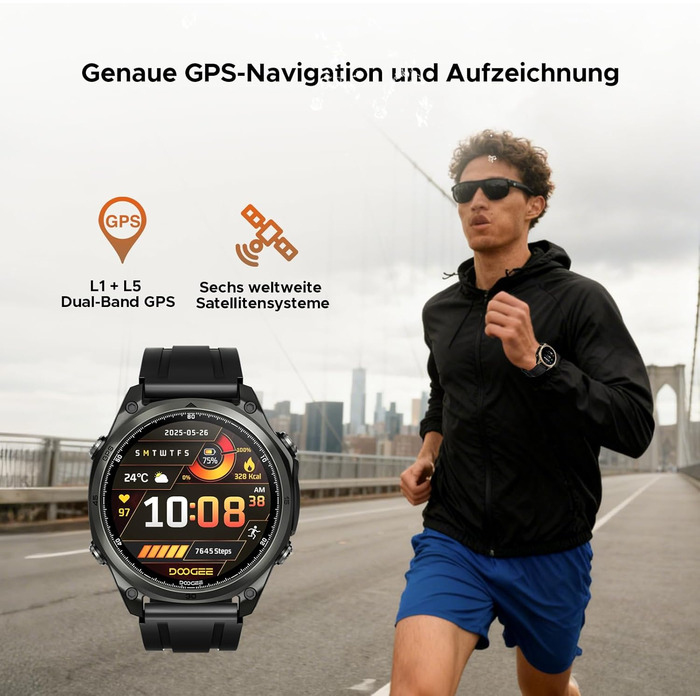 Розумний годинник DOOGEE Anywise W1 зі штучним інтелектом для чоловіків, дводіапазонний GPS, водонепроникність 5 атм, 12 днів роботи від батареї, 1,43-дюймовий AMOLED HD, понад 170 спортивних режимів, Bluetooth-дзвінки, сумісний з Android/iOS, 2 чорних ре