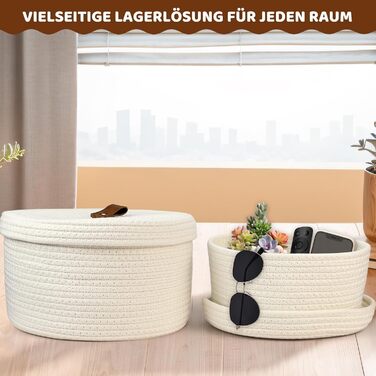 Набір із 2 круглих кошиків для зберігання з бавовняного шнура з кришками, маленьких плетених кошиків з кришками, декоративних полиць-кошиків для іграшок та косметики (28 x 16,5 см/23 x 12,5 см, білий)