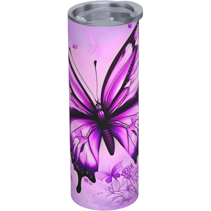 Кухоль з прямою трубочкою, 590 мл, принт фіолетового метелика, дорожній кухоль, підходить для кемпінгу, офісу та дому