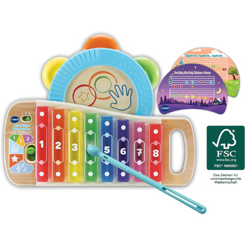 Інтерактивний дерев'яний ксилофон VTech Baby з бубном - музична іграшка, що світиться, виготовлена з 100 деревини FSC, для дітей віком від 1,5 до 4 років (Мова німецька)