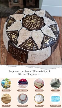 Пуф, ручної роботи з марокканської натуральної шкіри, зручна подушка на підлогу для дорослих, круглий пуф для сидіння 55x35 см, коричневий пуф для ніг, подушка сидіння (без наповнювача)