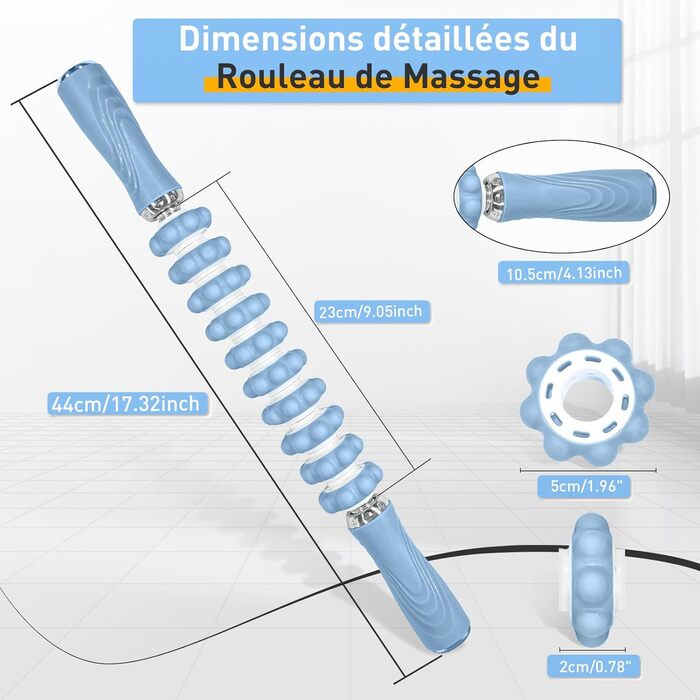 Масажна паличка для м'язової терапії TFCIOD, масажер, роликові ноги-фасції з протиковзкою ручкою, стрижень фасції стегна, для полегшення болю в м'язах тригерних точок, глибокий масаж із силіконовими шестернями (синій)
