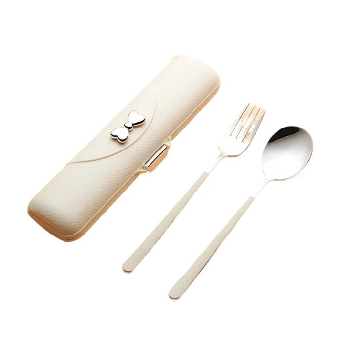 Універсальний портативний набір посуду з нержавіючої сталі 304, столові прибори, кемпінг, палички для їжі, виделка, ложка, для пікніка на свіжому повітрі, обід (2 шт. бежевого срібла)