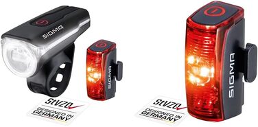 Комплект світлодіодних велосипедних ліхтарів SIGMA AURA 60 та INFINITY Передні та задні ліхтарі, схвалені StVZO, працюють від батарейок Комплект велосипедного освітлення, захищений від бризок, велосипедний ліхтар велосипедний ліхтар 16 год