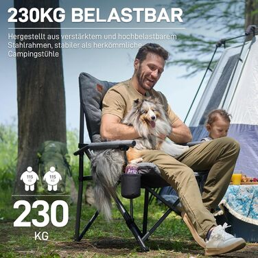 Складаний кемпінговий стілець EVER ADVANCED, вантажопідйомність 230 кг, XL-розмір, ширина сидіння 62 см з бічною кишенею та тримачем для напоїв, великий складний стілець, рибальський стілець для кемпінгу, використання на вулиці, балкон, сад, сірий
