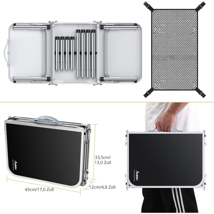 Кемпінговий стіл Anbte, розкладний стіл з алюмінію, 88x40 см (ДxШ) з 3 регульованими висотами, портативний стіл для пікніка з сіткою для зберігання, стіл-валіза, стіл для гриля, садовий стіл для кемпінгу, вечірок, пляжу (чорний)