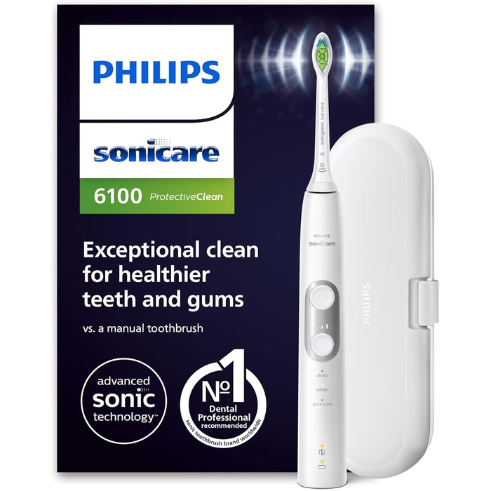 Електрична зубна щітка Philips Sonicare ProtectiveClean 6100, звукова зубна щітка з додатком, 3 режими чищення та 3 рівні інтенсивності, датчик тиску, дорожній футляр, білий, модель HX6877/28 білий