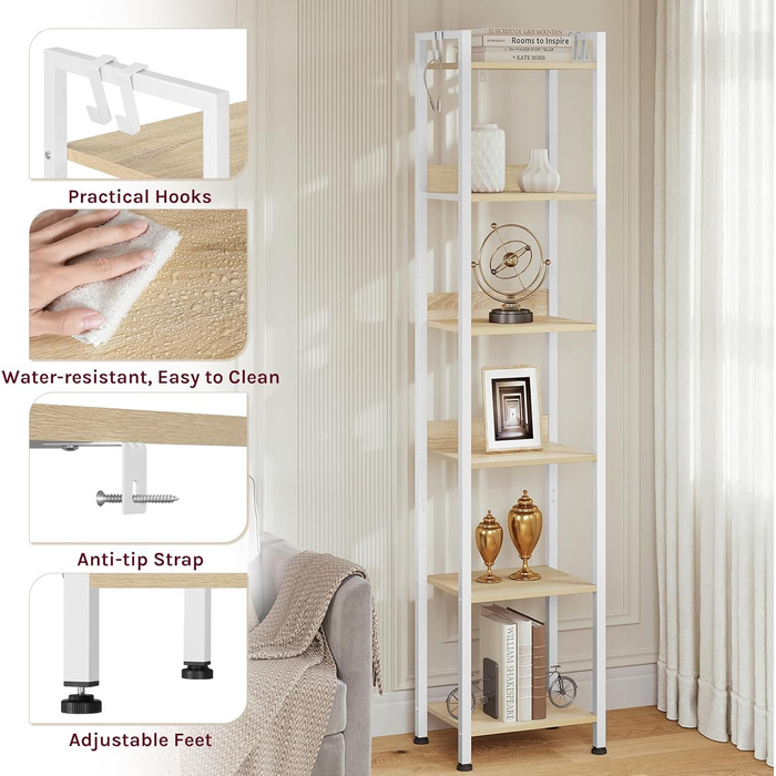 Ярусна полиця для зберігання WOLTU, кухонна полиця з 4 гачками, книжкова полиця в індустріальному стилі, окремостояча полиця для вітальні/кухні, вузька драбина, білий світлий дуб, 40x30x187 см, 6-