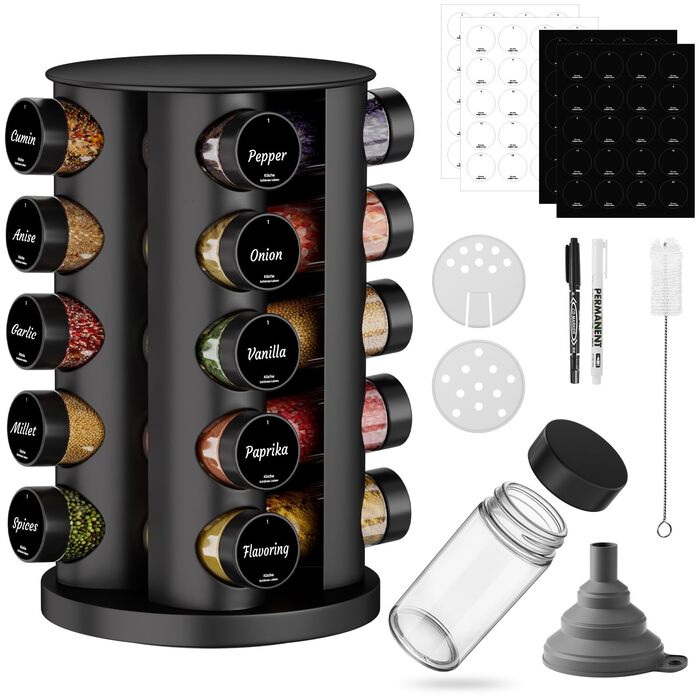 Кругла чорна підставка для спецій з 20 чорними круглими банками для спецій, карусель для спецій з нержавіючої сталі, що обертається на 360, органайзер для спецій, підставка для спецій, банки для спецій зі вставкою-шейкером, кругла банка для спецій B 20
