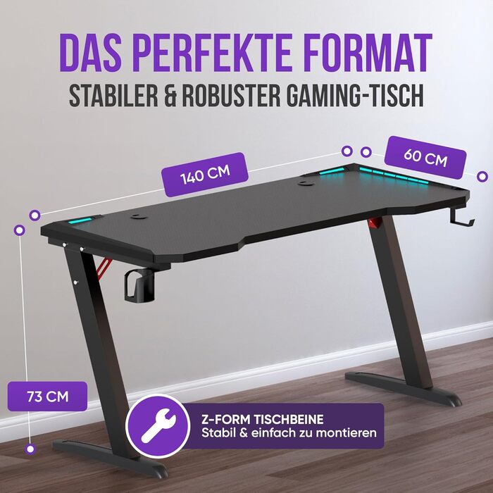 Ігровий стіл Avalo - 140x60x73 см - Ігровий стіл зі світлодіодним підсвічуванням - Стіл - Чорний