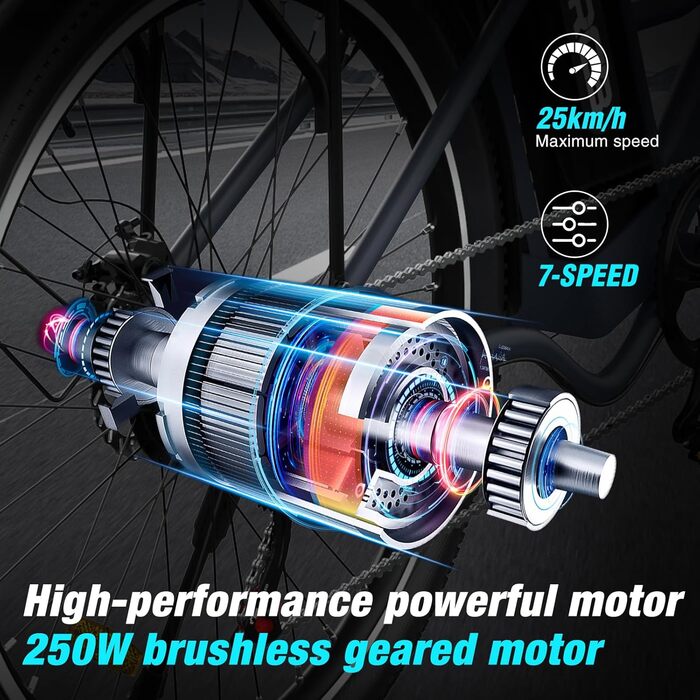 Електровелосипед RCB 26&39, двигун 250 Вт, 7 передач, запас ходу 35-90 км, міський електровелосипед, подвійні дискові гальма, гірський електричний велосипед з водонепроникною велосипедною сумкою, чорний