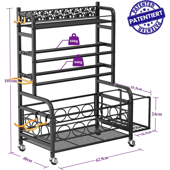 Стійка для гантелей, багатофункціональне сховище для гантелей, підставка для гантелей з колесами та гачками, може вмістити гантелі, килимки для йоги, ролики для фасцій, гирі та інші гантелі, чорна, для дому