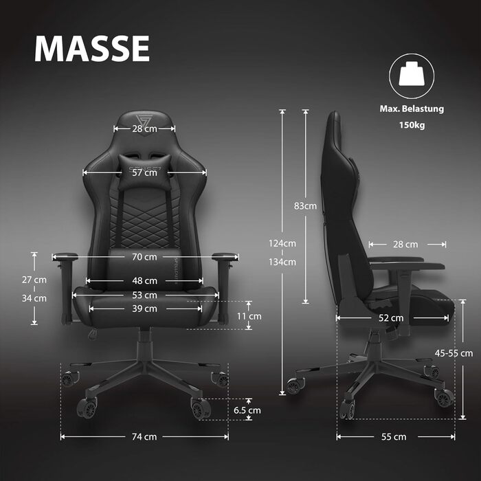 Офісне крісло Gaming Spellcaster, ергономічне крісло для геймерів, підлокітники, цільна сталева рама, регульований кут нахилу, чорний колір, 43-52 x 69,5 x 57 см, 5907783039720, шкіра чорного кольору