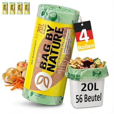 Літрові компостовані пакети для сміття з ручками 56 пакетів, компостовані, зроблені в Німеччині Міцні, кліматично нейтральні та веганські компостовані пакети для сміття, 20 л з ручкою для перенесення - 56 пакетів, 20-