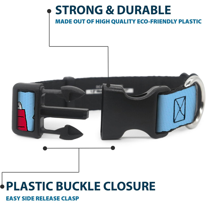 Нашийник для собак Peanuts Snoopy та Вудсток, блакитний, з пластиковою застібкою, ширина 1,3 см, розмір S (17,8-21,6 см)