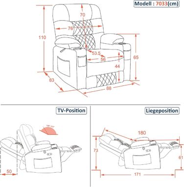 Крісло-реклайнер M MCombo з функцією відкидання, електрично регульоване крісло для телевізора, дихаюча штучна шкіра, USB та підставка для чашок, вітальня, 7033 (коричневий)